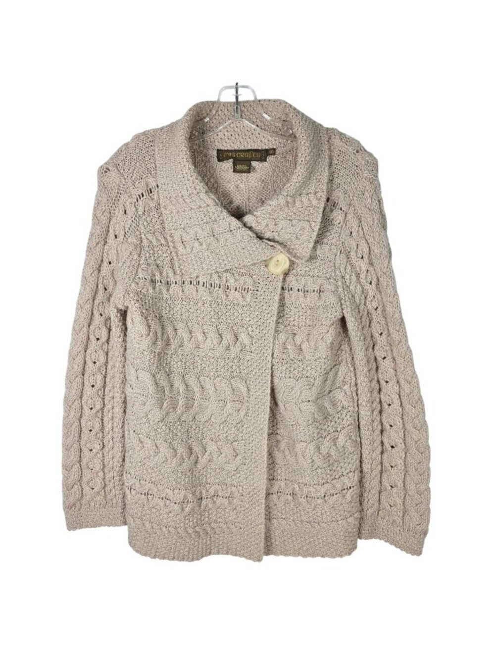 Vintage Inis Crafts Cardigan Sweater Womens S Tan Beige Merino Wool Aran Knit